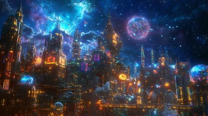 Fototapeta premium A Futuristic Cityscape with Glowing Towers and Orbs Under a Starry Sky