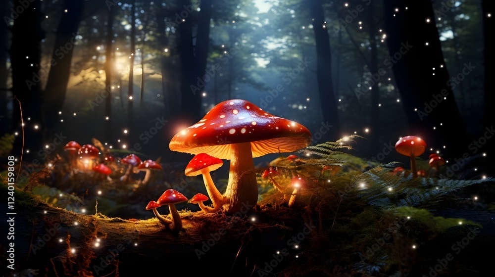 Poster mystical glowing mushrooms casting a mesmerizing glow across the enchanted forest landscape creating