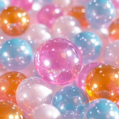 Abstract background of colorful shiny spheres, pink, orange, blue, and white. 