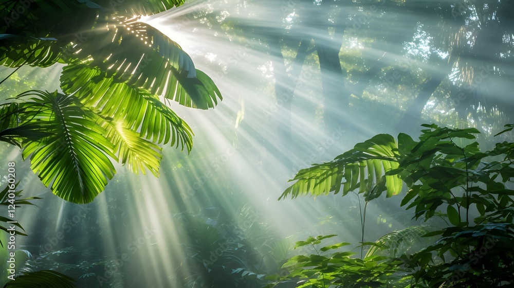 Poster mesmerizing view of a lush verdant tropical rainforest canopy with sunbeams gently filtering through