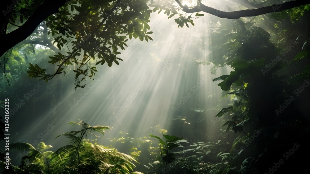 Poster enchanting rainforest canopy with sunbeams filtering through dense lush foliage creating a serene an