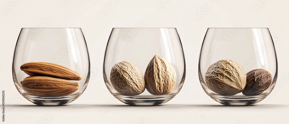 Poster three transparent glasses containing different nuts on a light background in a studio setting