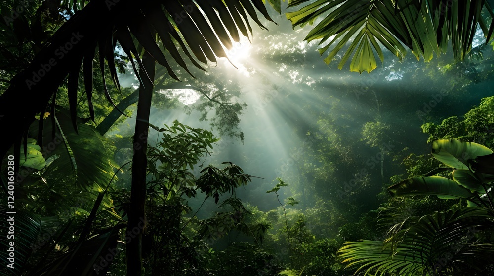 Poster magical rainforest canopy illuminated by filtering sunbeams streaming through lush dense foliage cre