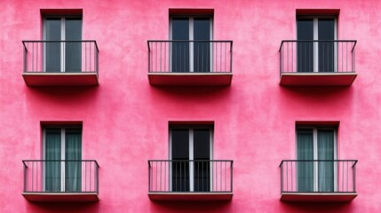 Obraz premium Pink building facade with symmetrical windows and balconies.