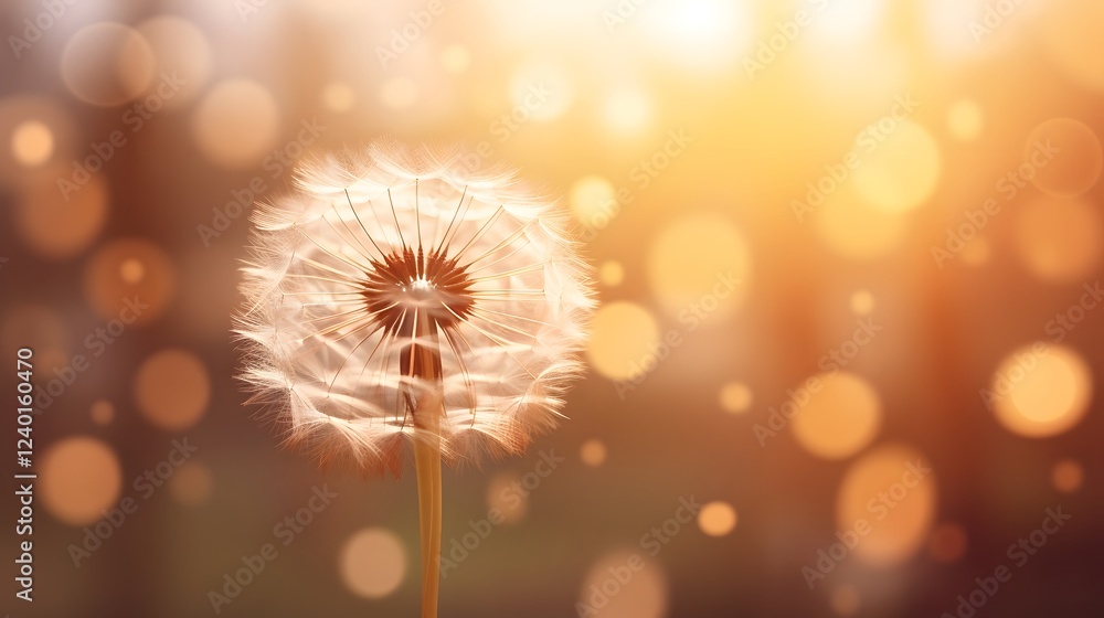 Poster soft focus close up of a wispy ethereal dandelion seed head against a serene pastel toned and blurre