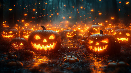 Naklejka premium Spooky Halloween Jack OLanterns Glowing Dark Forest Night Scene Art Scary Magic Eerie Scary Black 