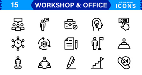 Workshop & Office Icon Set. Professional Vector Icons with Outline, Minimalist, and Flat Designs for Tools, Business, Workspace, and Productivity