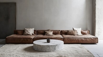 Cozy minimalist living space with a low-slung leather couch, a circular marble coffee table, and a soft textured area rug.