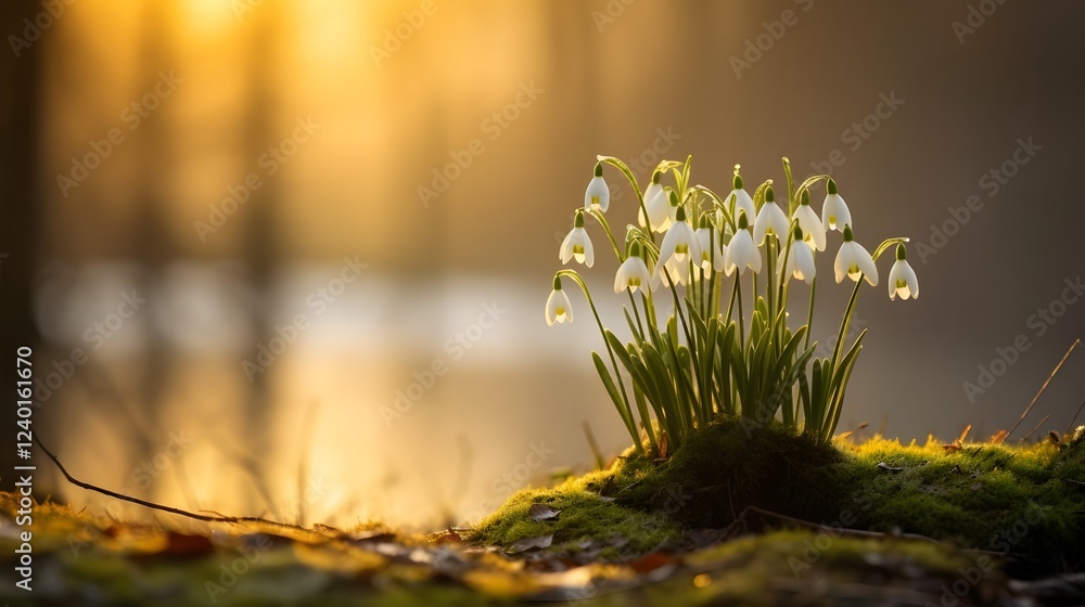 Poster delicate snowdrops pushing their way through the melting frost signaling the arrival of spring and a
