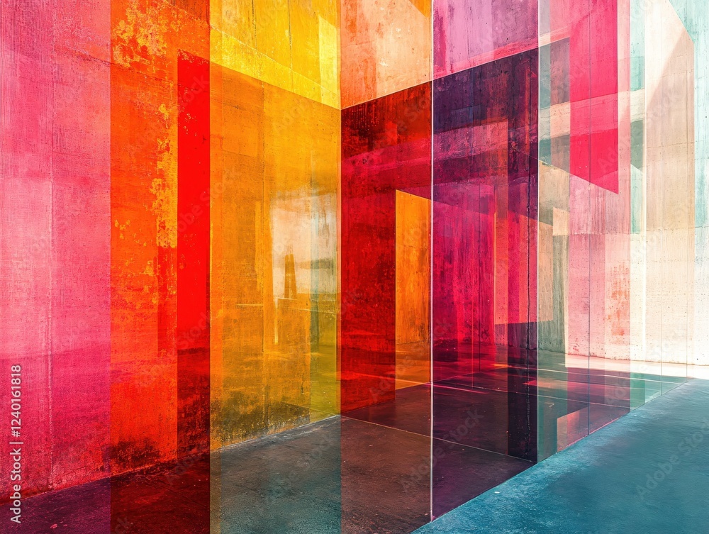 Poster abstract color block architecture with red yellow pink and blue hues creating a modern design