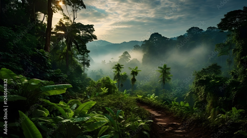 Poster captivating jungle landscape shrouded in dreamy mist and atmospheric fog creating a mesmerizing and 