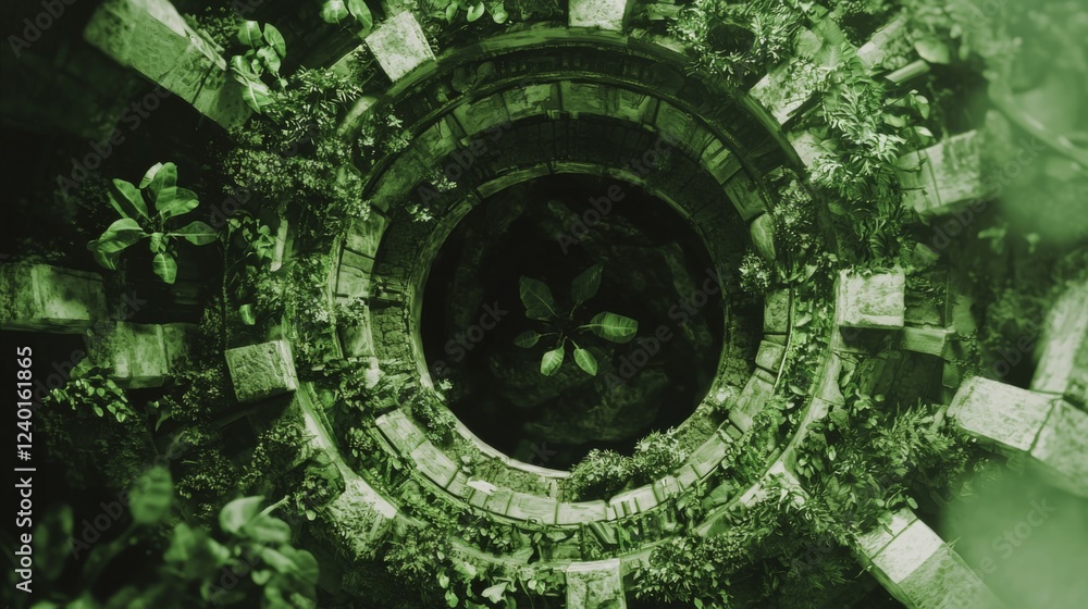 Poster overhead view of enchanted circular structure surrounded by lush green foliage and subtle mystical l