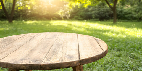 Fototapeta premium rustic wooden table in peaceful park setting with warm sunlight