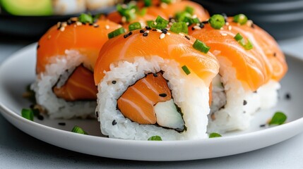 Delicious salmon sushi rolls, restaurant table background, food photography, menu use