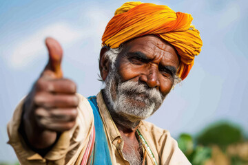 happy indian farmer showing thumbs up