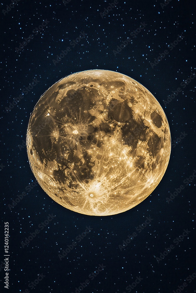 Poster full moon in dark night sky with stars showing craters and texture in a celestial view