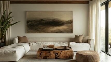 Earthy-toned condo with a large linen sectional, woven ottomans, and a handmade wooden coffee table.