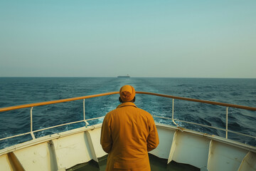 Fototapeta premium young indian man standing on ocean boat