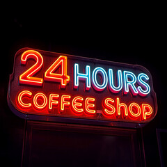 Fototapeta premium AI genertaive. 24 hours coffee shop, text light glow effect, text sign on dark background. 7