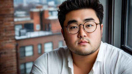 Fototapeta premium Portrait of a young man with short dark hair and glasses, wearing a white shirt, sitting near a window with a city view. Soft natural lighting