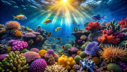 Fototapeta premium Vibrant Underwater Scene with Colorful Coral and Exotic Fish