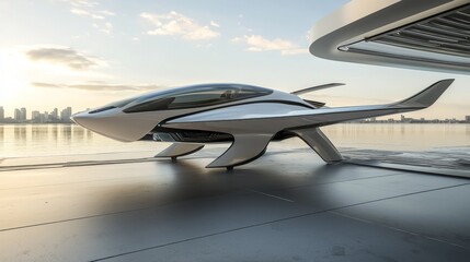 Futuristic flying vehicle design sleek aerodynamic shape hovering near waterfront with city skyline and sunset backdrop