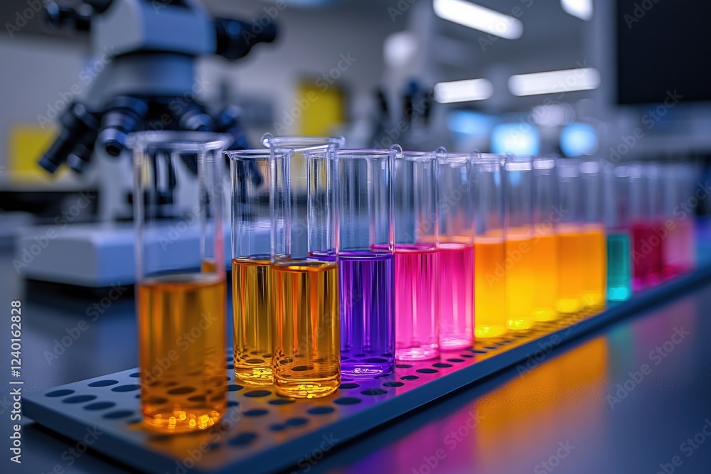 Poster laboratory glassware with colorful liquid in a row on a tray with a microscope in the background