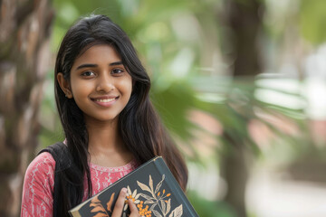 young indian college girl holding text book