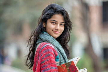 young indian college girl holding text book