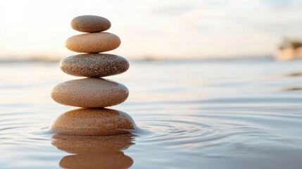 Being present concept. Balanced stones stacked on water surface with gentle ripples.
