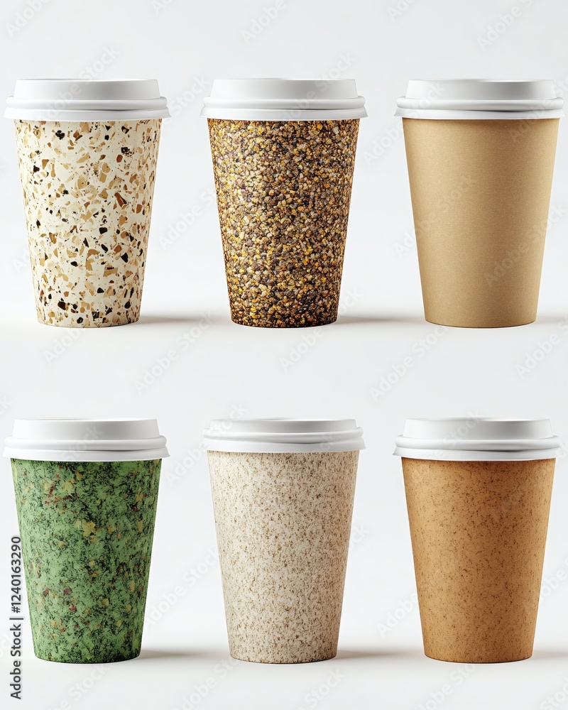 Poster six paper coffee cups with different textures and patterns on a white background studio shot