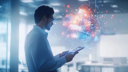 A businesswoman using a smartphone and tablet with a computer, interacting with digital technology and communication
