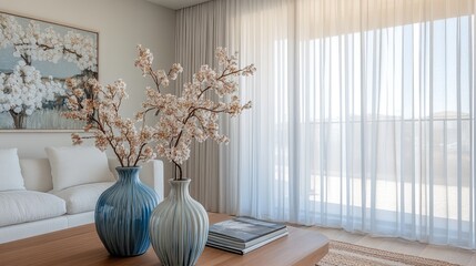 Elegant condo living room with sheer curtains, warm wooden flooring, and handcrafted ceramic vases.