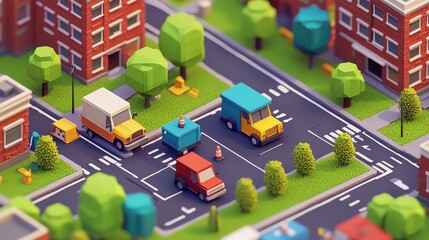 Colorful Miniature City Scene with Cars and Trees on a Charming Urban Street