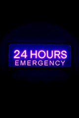 AI genertaive. 24 hours emergency, text light glow effect, text sign on dark background. 53
