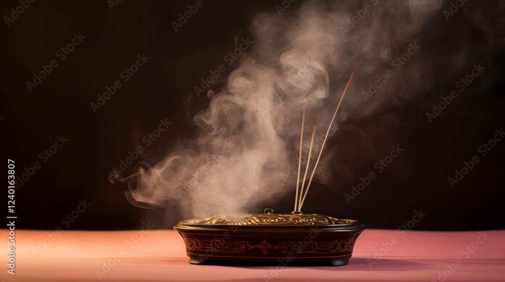 Poster burning aromatic incense with soft wispy smoke rising in a tranquil serene and minimalist interior s