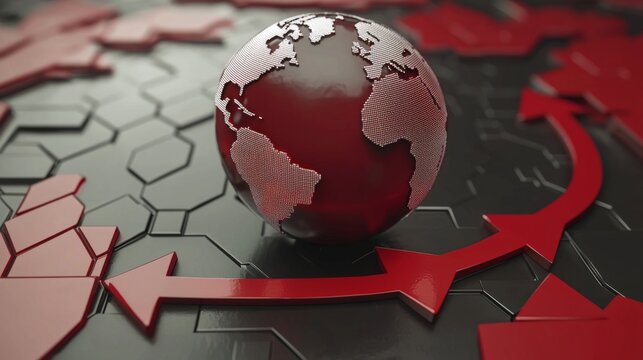 Abstract 3D Globe with Red Arrows on Hexagonal Background Symbolizing Global Connectivity and Technological Progress