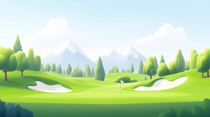 Obraz premium Golf course with rolling green hills, sand bunkers, and flag marking the hole, set against backdrop of majestic mountains and bright blue sky