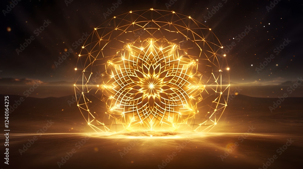 Poster mesmerizing abstract digital art showcasing glowing sacred geometry patterns infused with mystical e