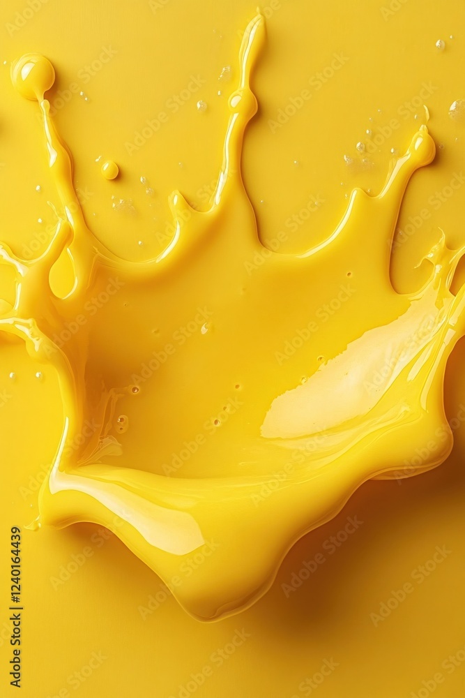 Poster yellow liquid splash with droplets on a flat surface creates a dynamic abstract pattern