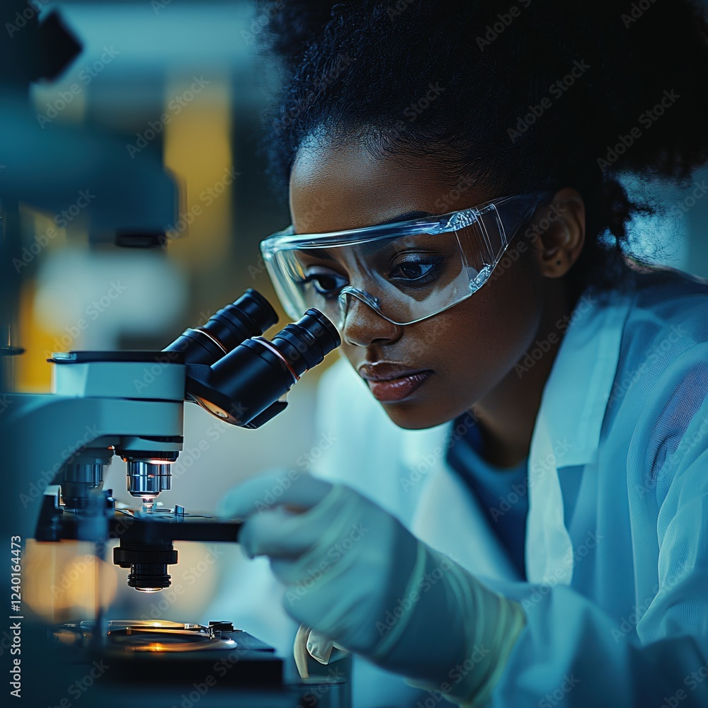 Poster scientist in lab coat examines specimen using microscope in a research laboratory setting