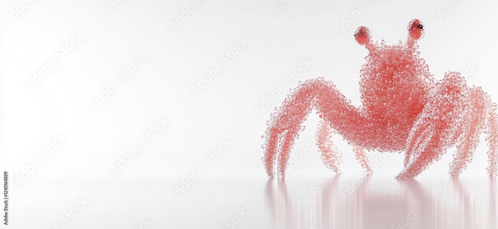 Poster abstract red crab composed of small particles on a white background, reflected on a shiny surface. m