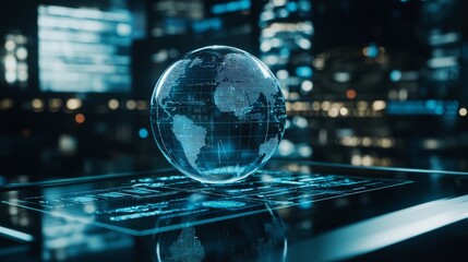 Futuristic Digital Globe with Geolocation Elements Displayed on a High-Tech Interface in Urban City Background