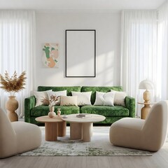 Frame mockup, ISO A paper size. Living room wall poster mockup. Interior mockup with house background. Modern interior design. 3D render
