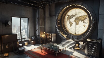 Industrial loft with a large glass table, a vault-style safe, and an old merchant's map with global trade routes.