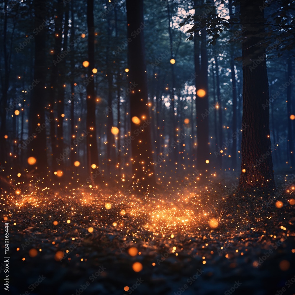 Aufkleber glowing orbs float in a dark forest creating a magical and ethereal scene at night