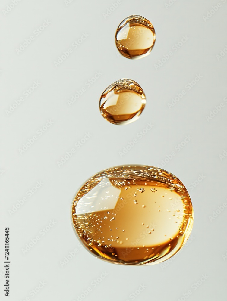 Poster three golden liquid drops falling in sequence against a plain light background with bubbles