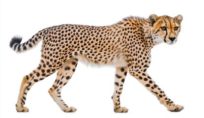 A cheetah walking against a white background. The cheetah is in profile view, showcasing its spotted coat. The image is bright, well lit and clean