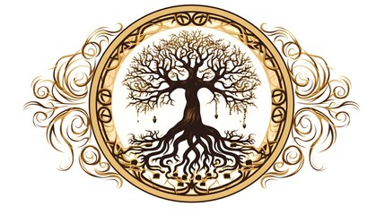 Fototapeta premium Symbolic Tree of Life with Interwoven Sacred Roots Depicting Spiritual Connection Transformation and Harmony
