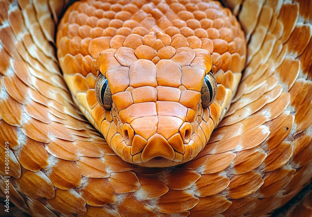Poster close up view of a light brown snake with textured scales, coiled around itself. the snake's head is